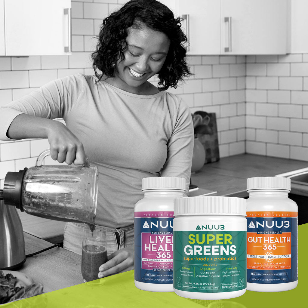 Woman pouring a smoothie in a kitchen with NUU3 supplement containers on a green overlay.
