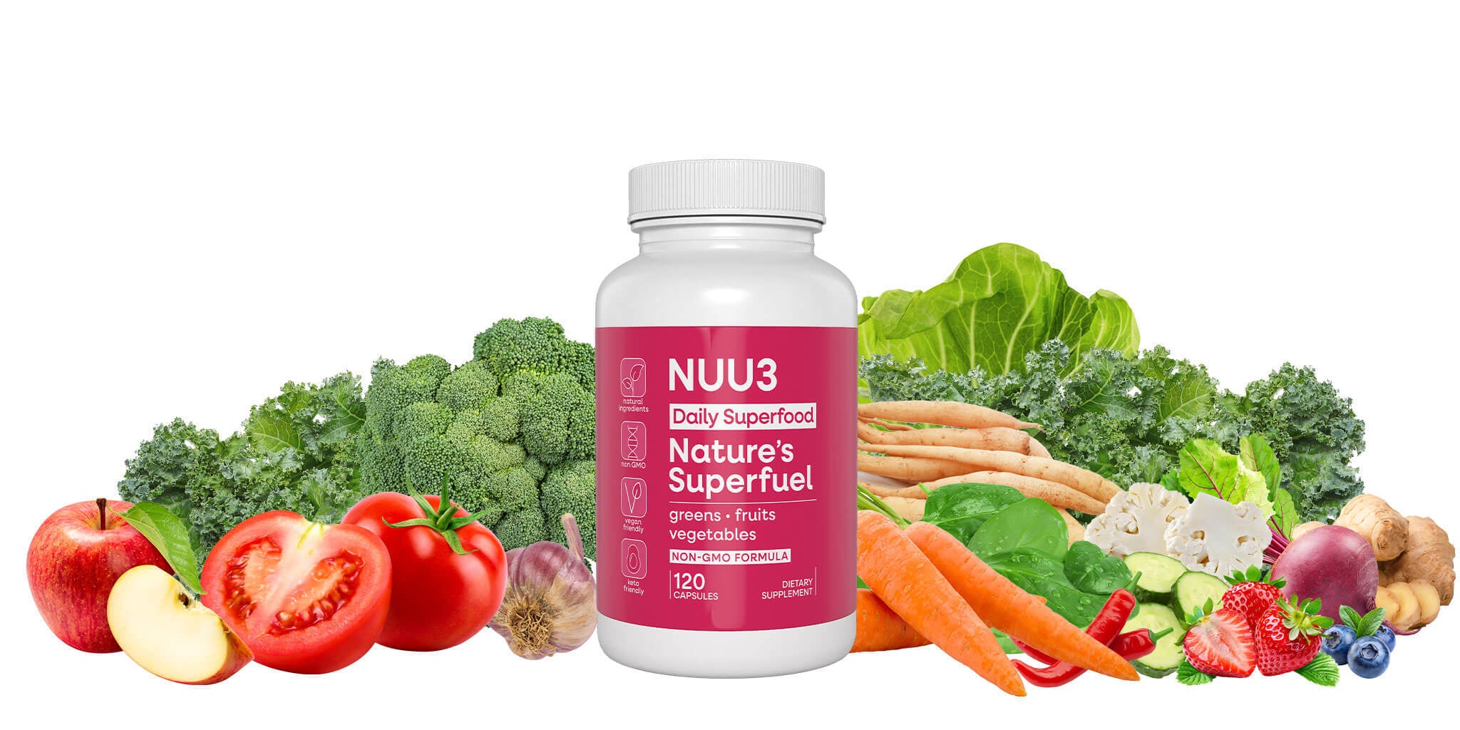 Supplement bottle labeled 'NUU3 Nature's Superfuel' surrounded by fresh vegetables and fruits on a white background